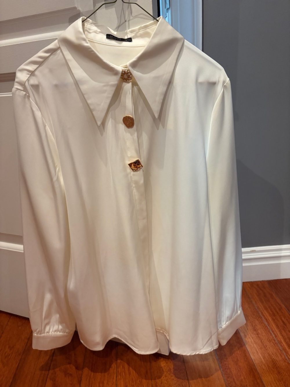 Cream Button-Front Silk Blouse with Decorative Gold Buttons